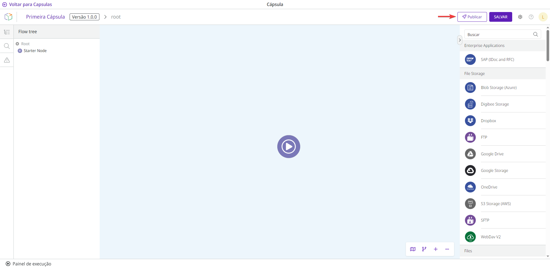  Uma seta aponta para o botão "Publicar" no canto superior direito da tela, próximo ao botão "Salvar".
