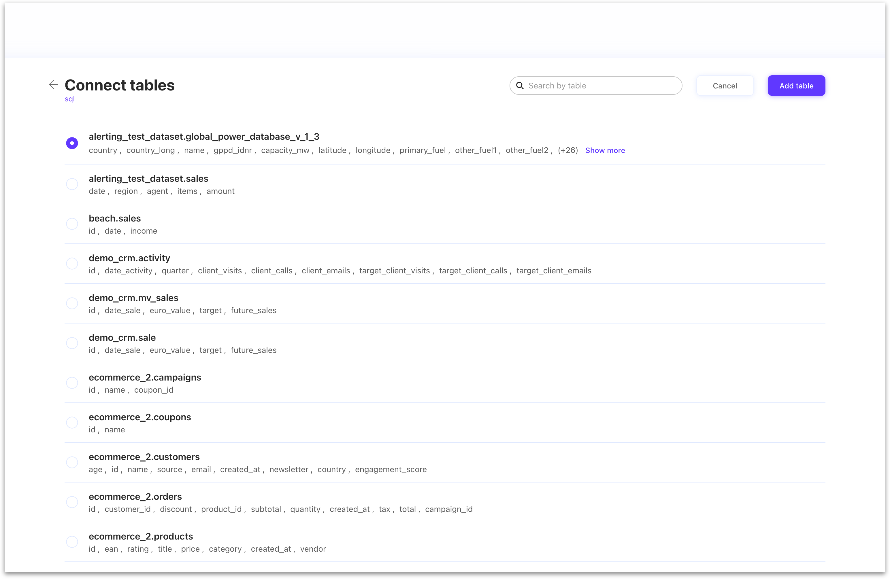 “Show more” disponibile nella fase di configurazione delle tabelle 1