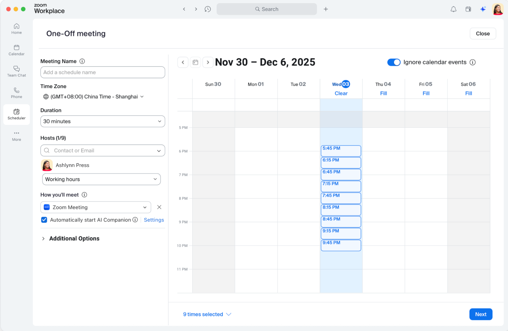 Managing Scheduler one-off meetings within the Zoom Workplace app.