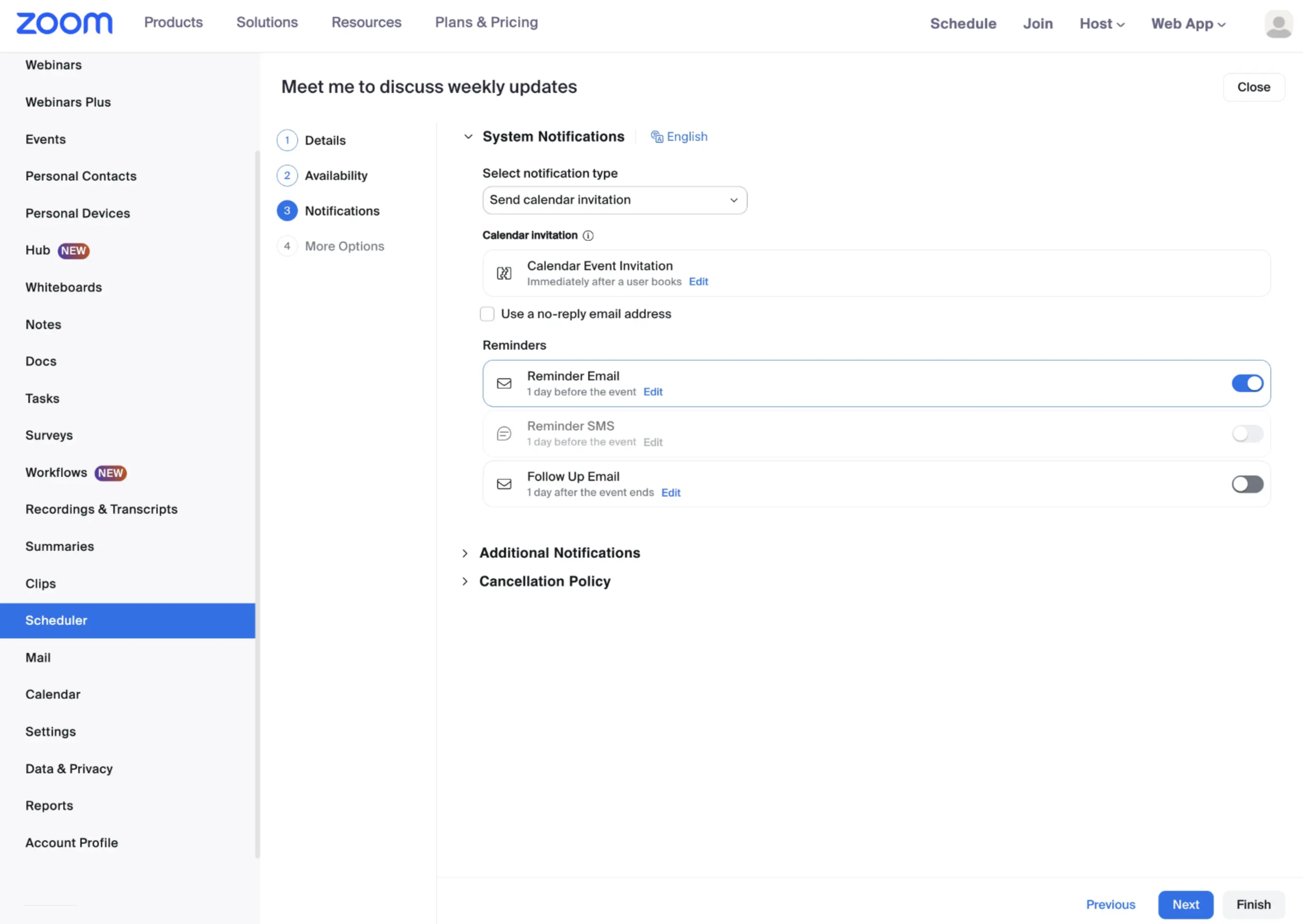 The Zoom Scheduler notification options available to administrators.