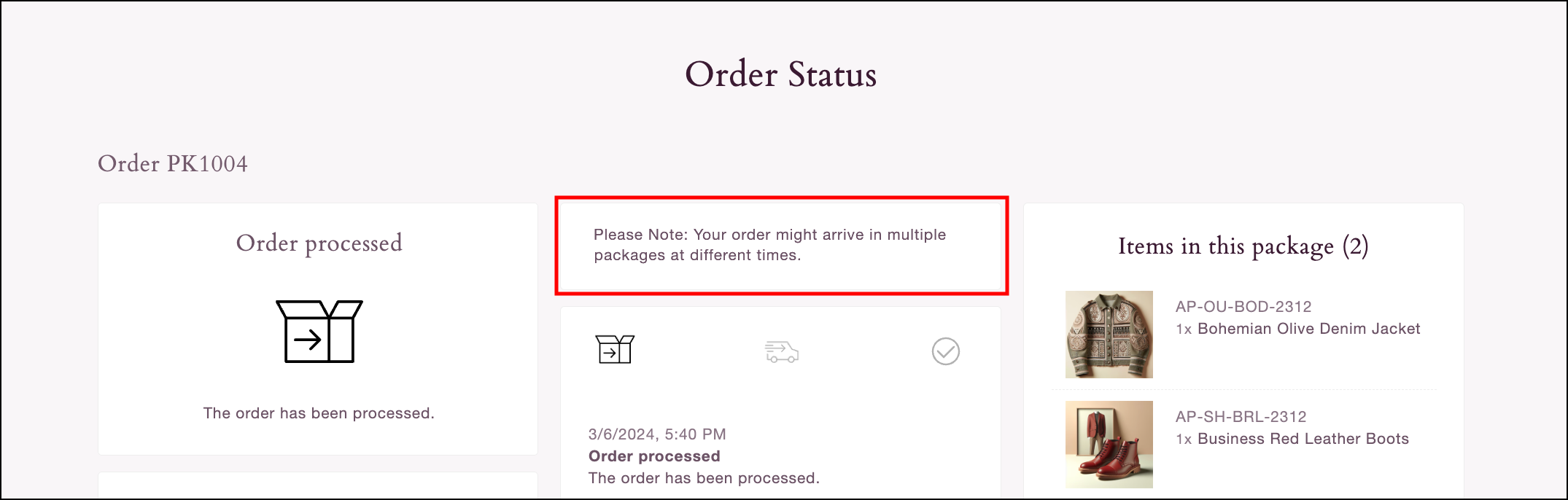 Split Order warning that reads "please note your order might arrive in multiple packages at different times".
