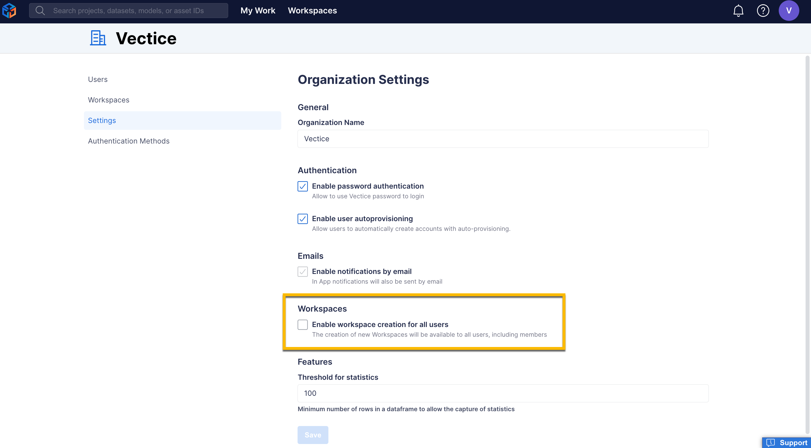 Enable workspace creation for all users Vectice Docs
