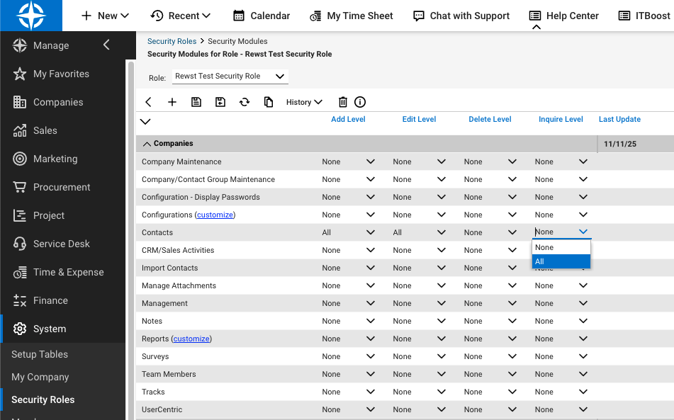 A white screen with grey and blue elements, and black text. Center screen is a table with down arrows, which reveal menus of options when clicked. The table is for setting permission levels in ConnectWise PSA.