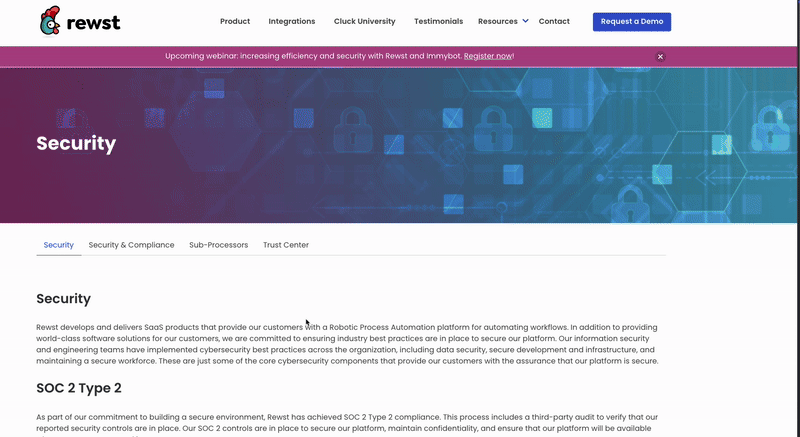A moving .gif image of a user scrolling from the top of the security site down to the bottom. The text displays information about data privacy and handling, SOC 2 certification, and GDPR compliance. The website background is white, with pink and blue elements on the page.
