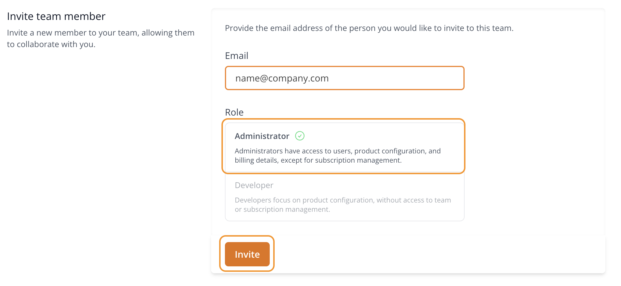 Invite team member form with email field and role dropdown