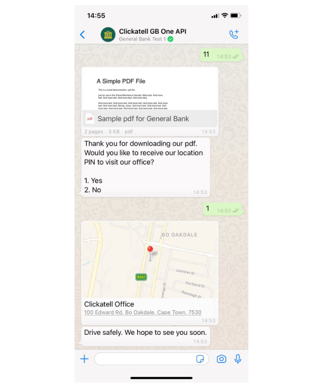 Busienss sending a location pin as seen by customers in WhatsApp.