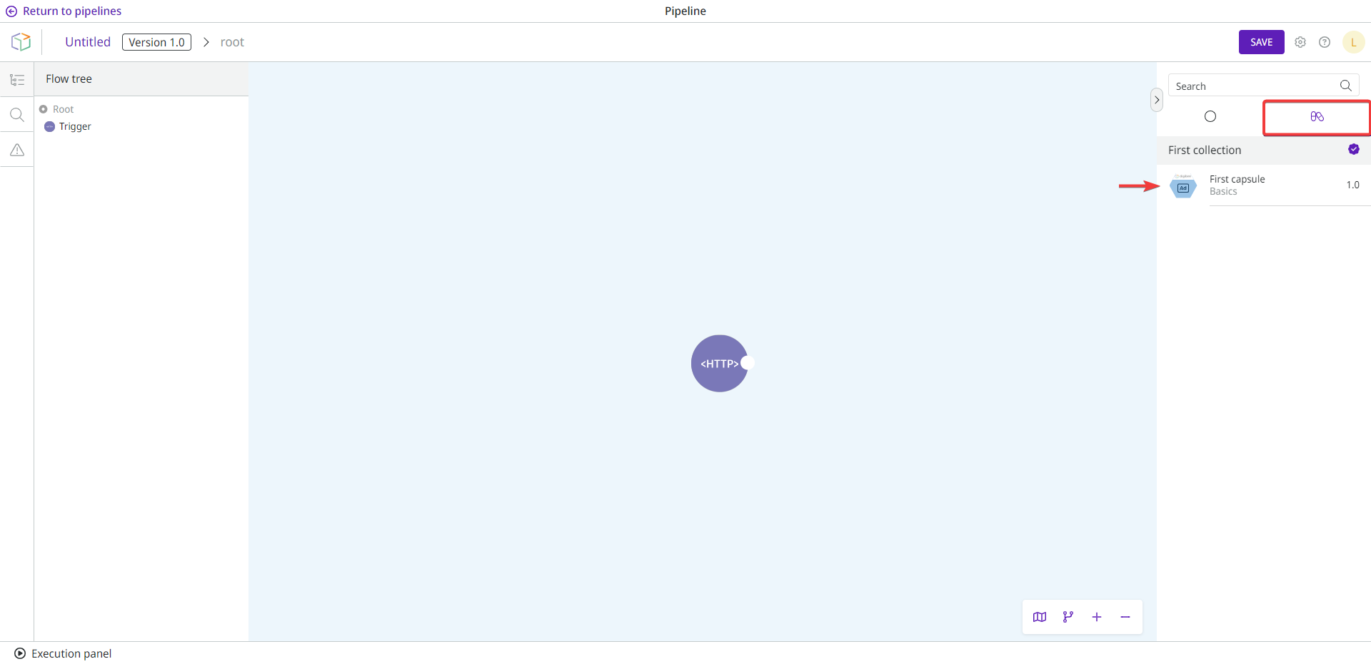 The canvas of the Pipeline where you can access the palette of Capsules and use published Capsules.