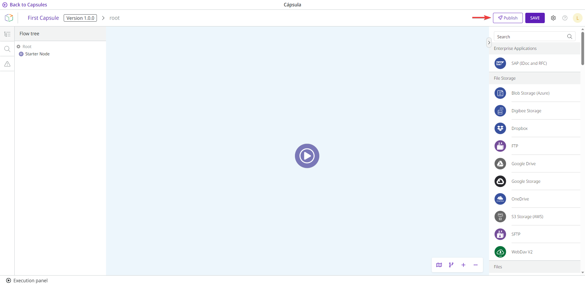 An arrow points to the "Publish" button in the upper right corner of the screen, next to the "Save" button.