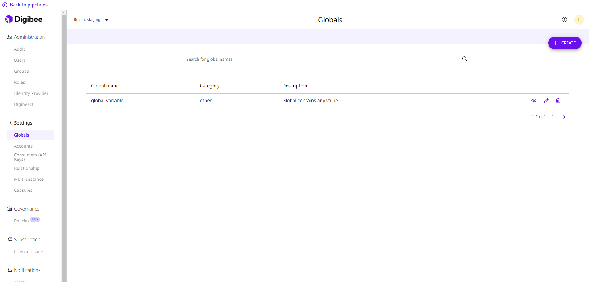Globals page where you can create, view, edit, and delete Global variables.
