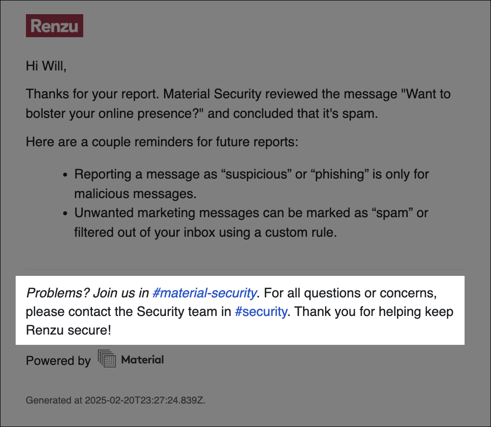Rendered custom footer in an email