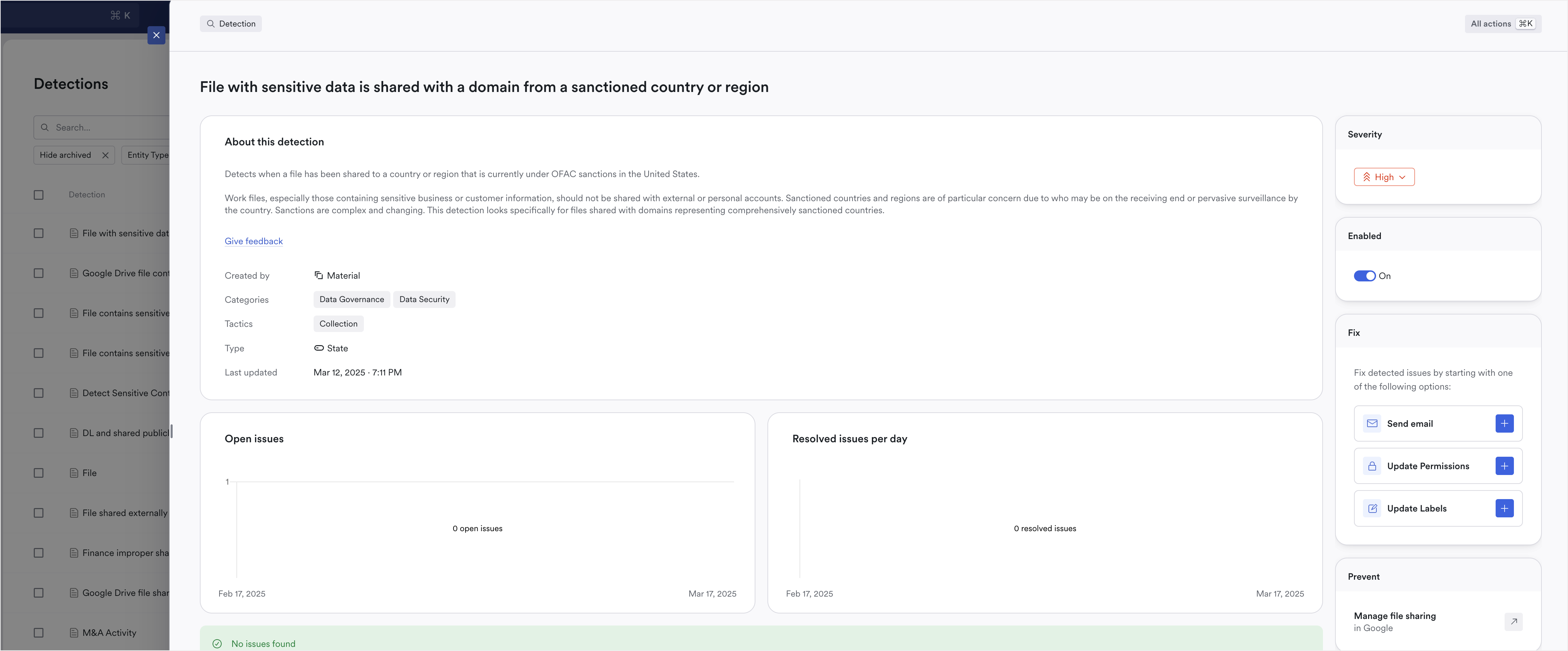 Detection detail view is a slide out that appears after clicking the detection name