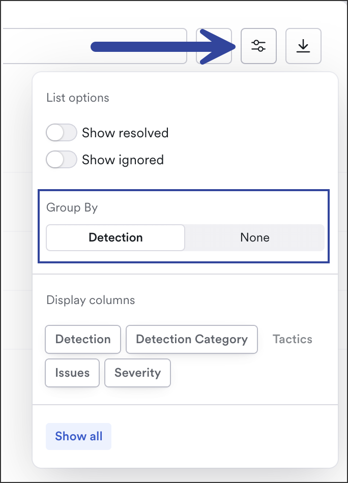 click display options, an icon with two lines and two circles