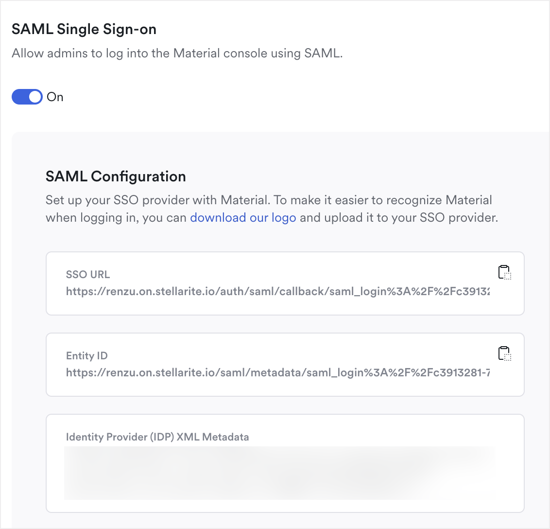 Copy URL and Entity ID from the SAML single sign-on screen