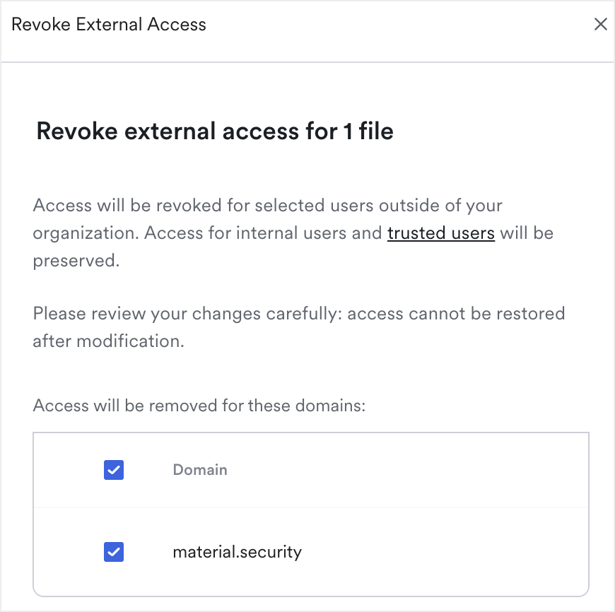 select the domain to revoke access to on this screen by checking the box next to the domain name