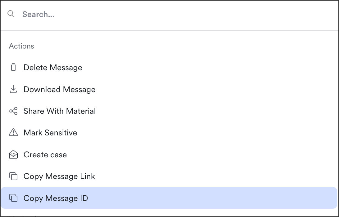 Message Detail View All Actions menu showing the Copy Message ID option.