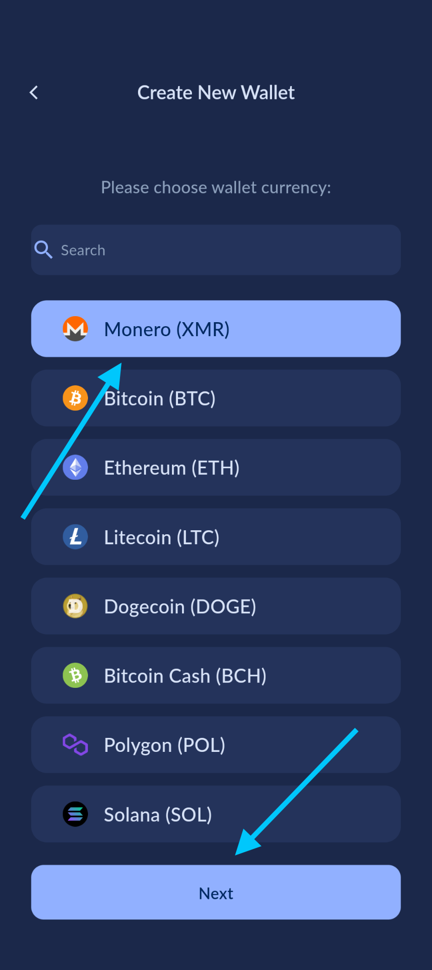 Select Monero as the currency