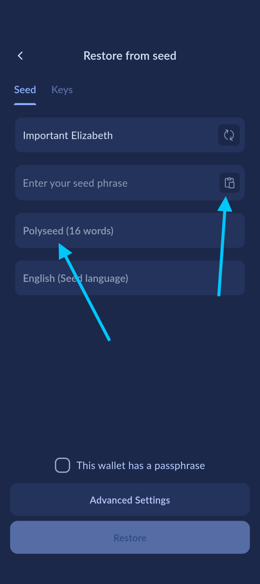 Enter your 25-word seed phrase from MyMonero