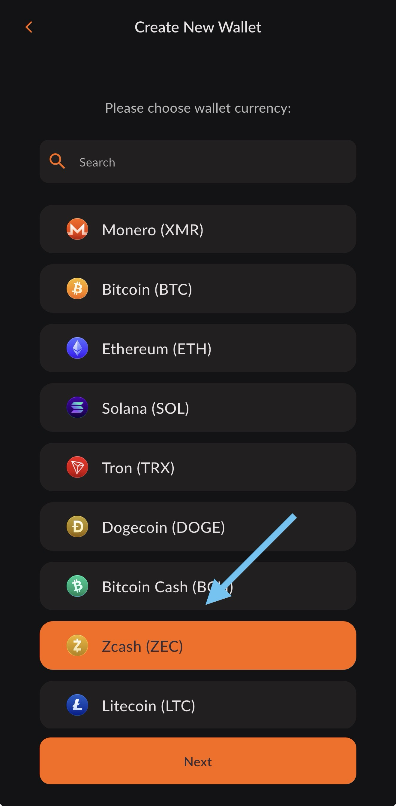Select Zcash as the currency