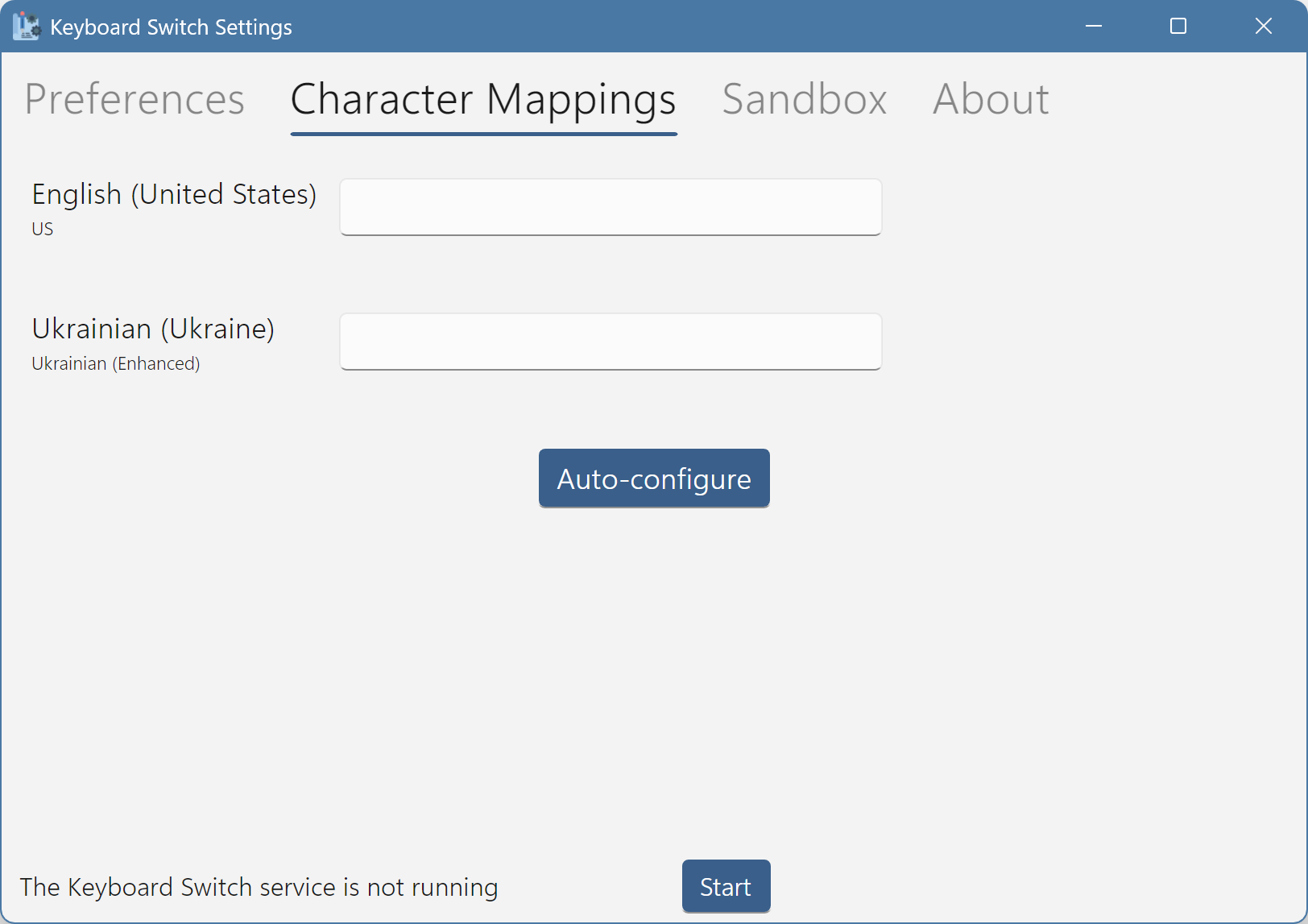 The character mapping tab when the configuration is empty