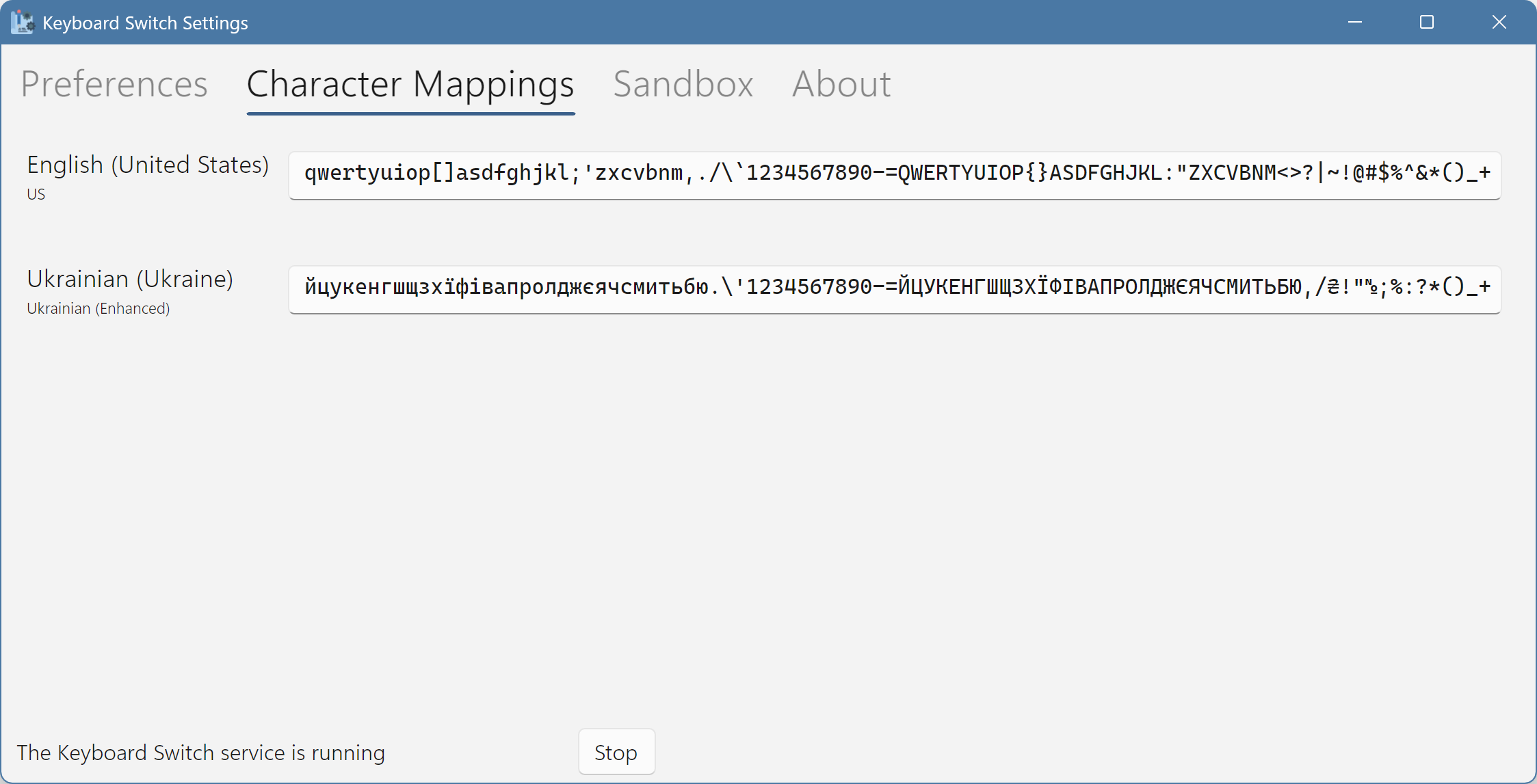 The character mappings tab