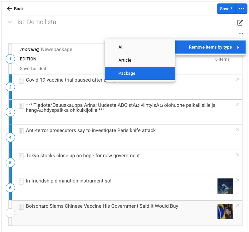 List containing articles and a package. This will allow you to select "Package" to remove