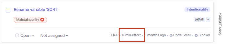 Remediation cost shown on a SonarQube issue card.