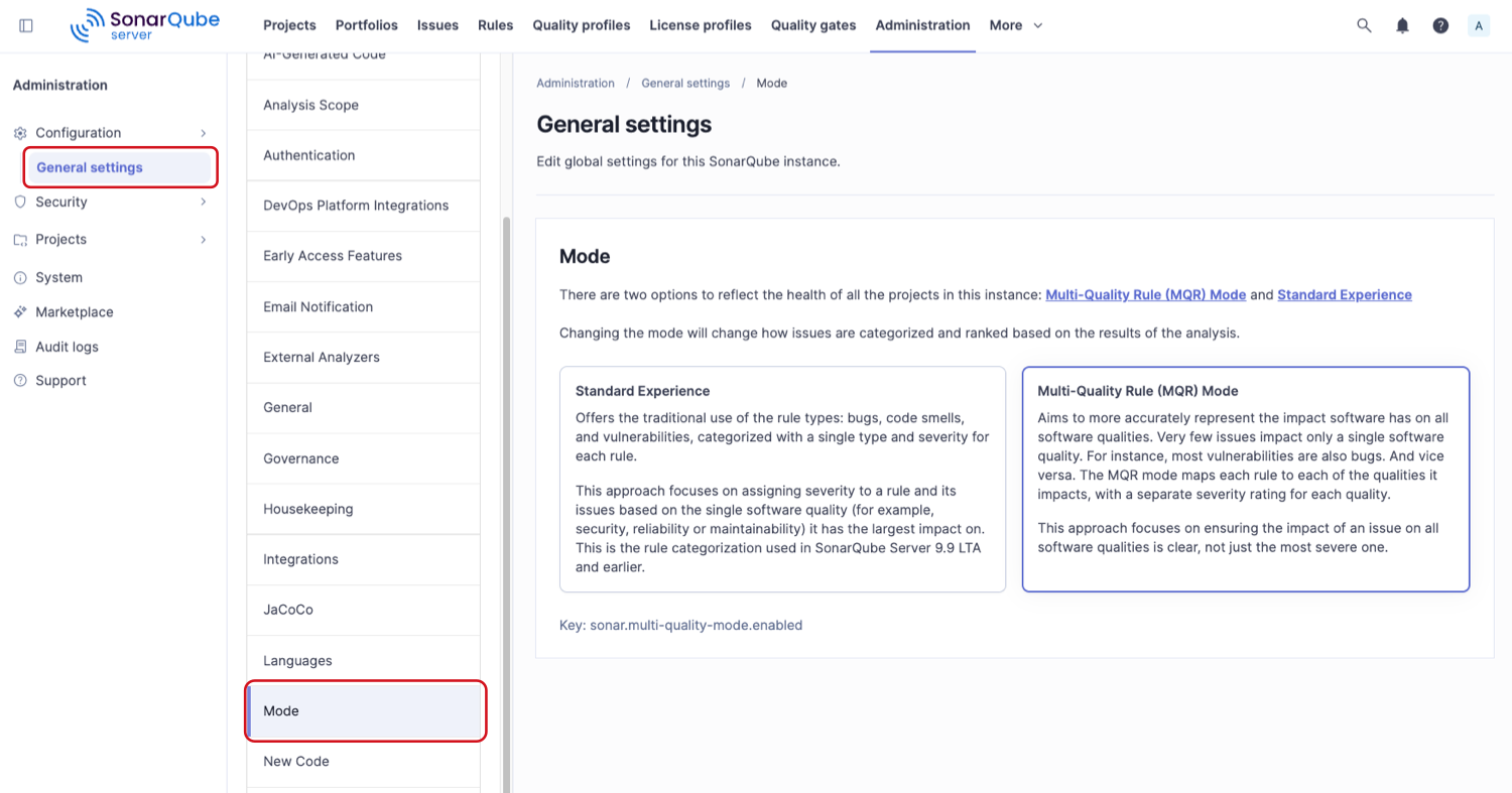Configuring the instance's mode in the administration settings