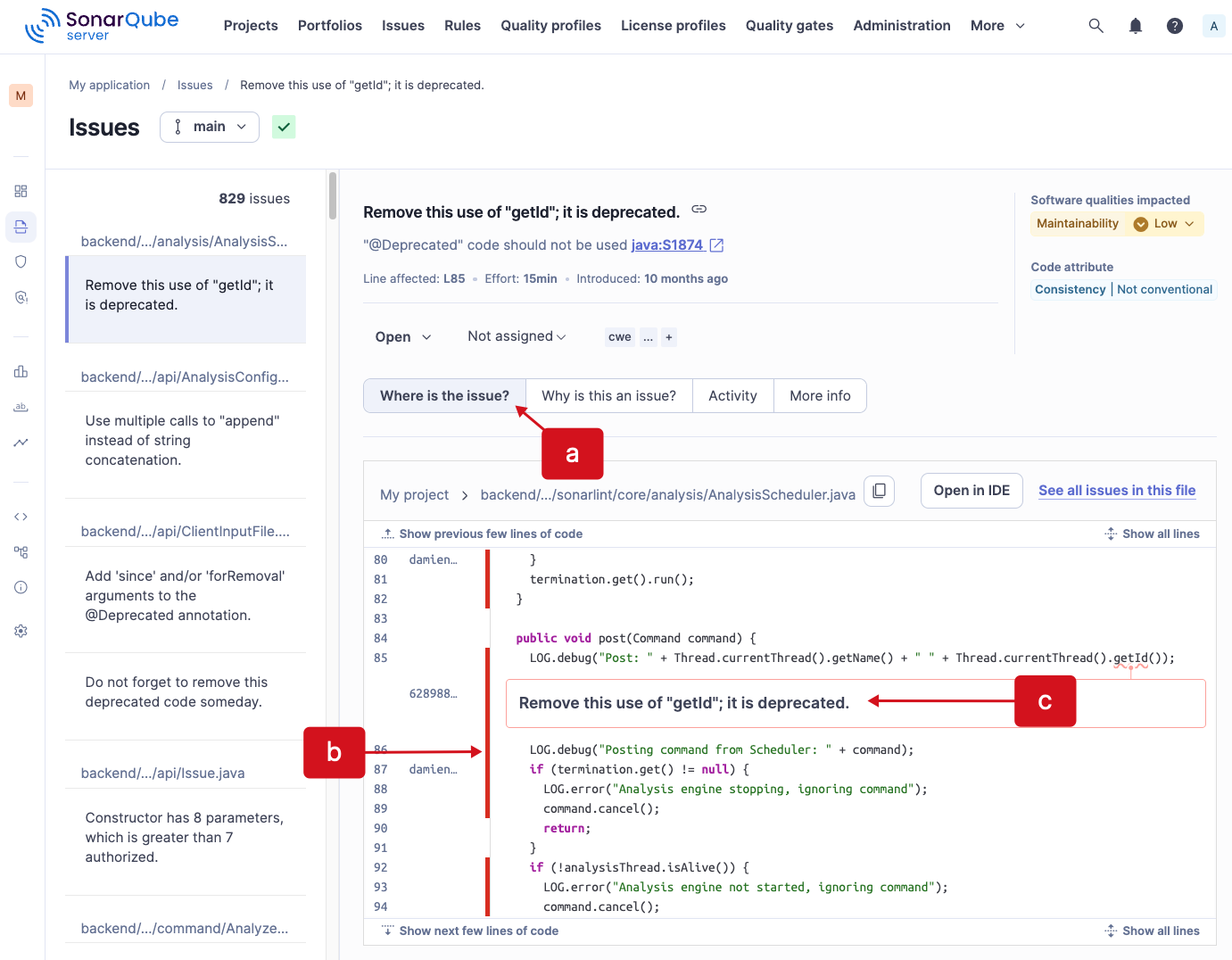 Issue detail view in SonarQube Server with the Where is the issue? tab open, showing the affected code and the issue message inline.