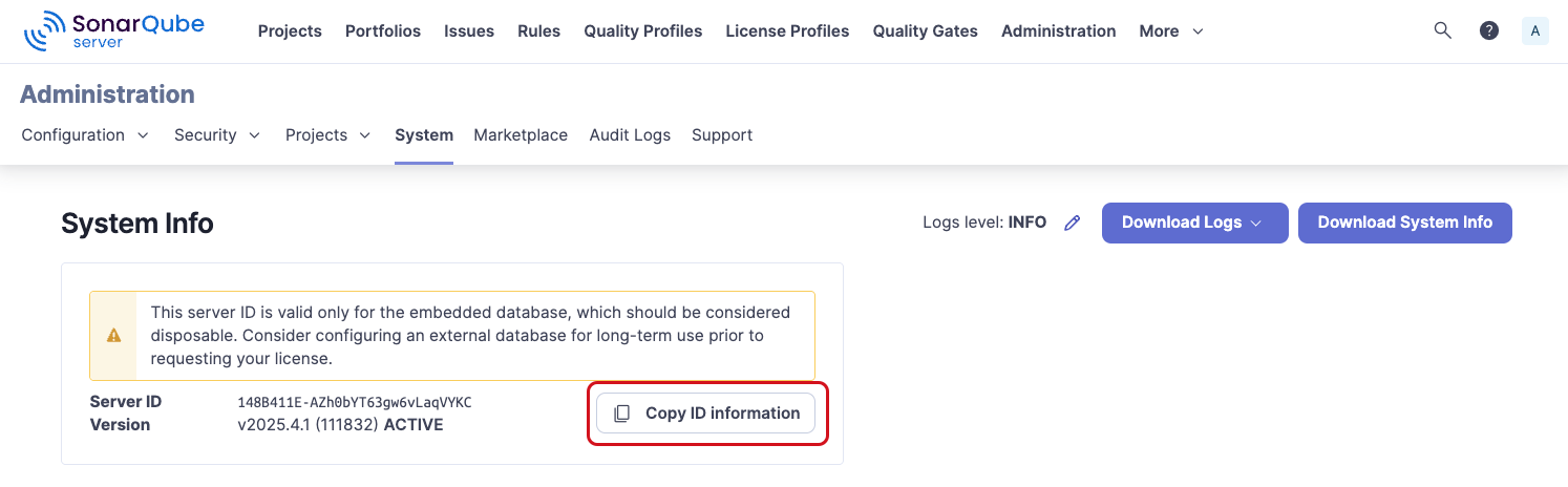 System info page to copy server ID information