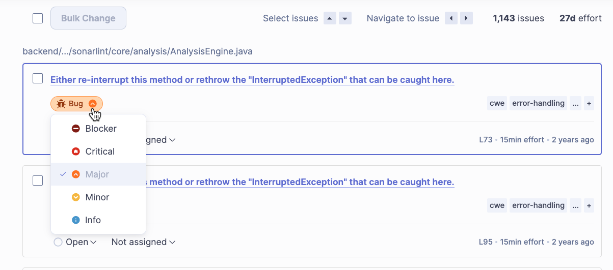 Issue card in SonarQube Server with the severity list open next to the Bug issue type, showing Blocker, Critical, Major, Minor, and Info.
