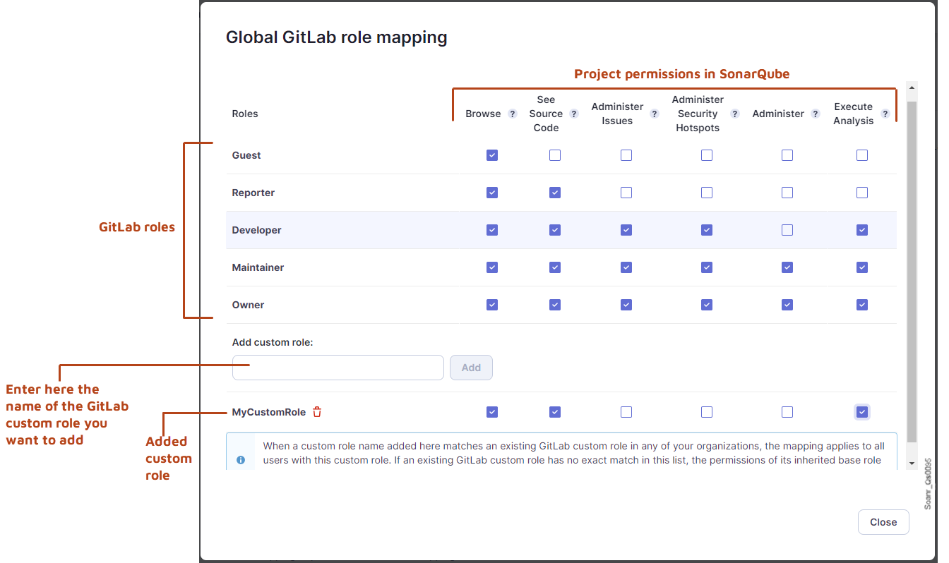 To add a GitLab custom role to the mapping table, enter the name and select Add