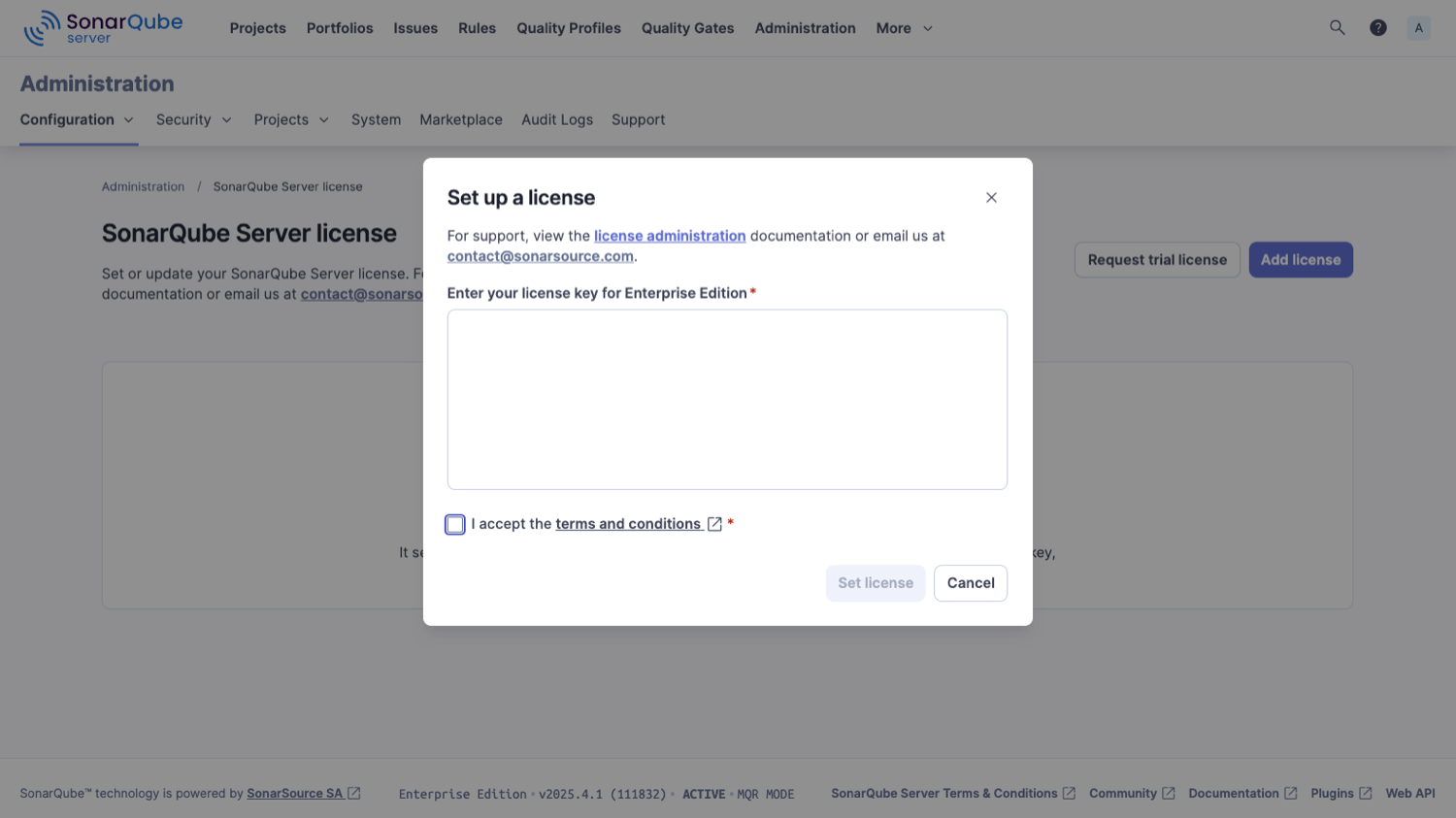 Set up license modal
