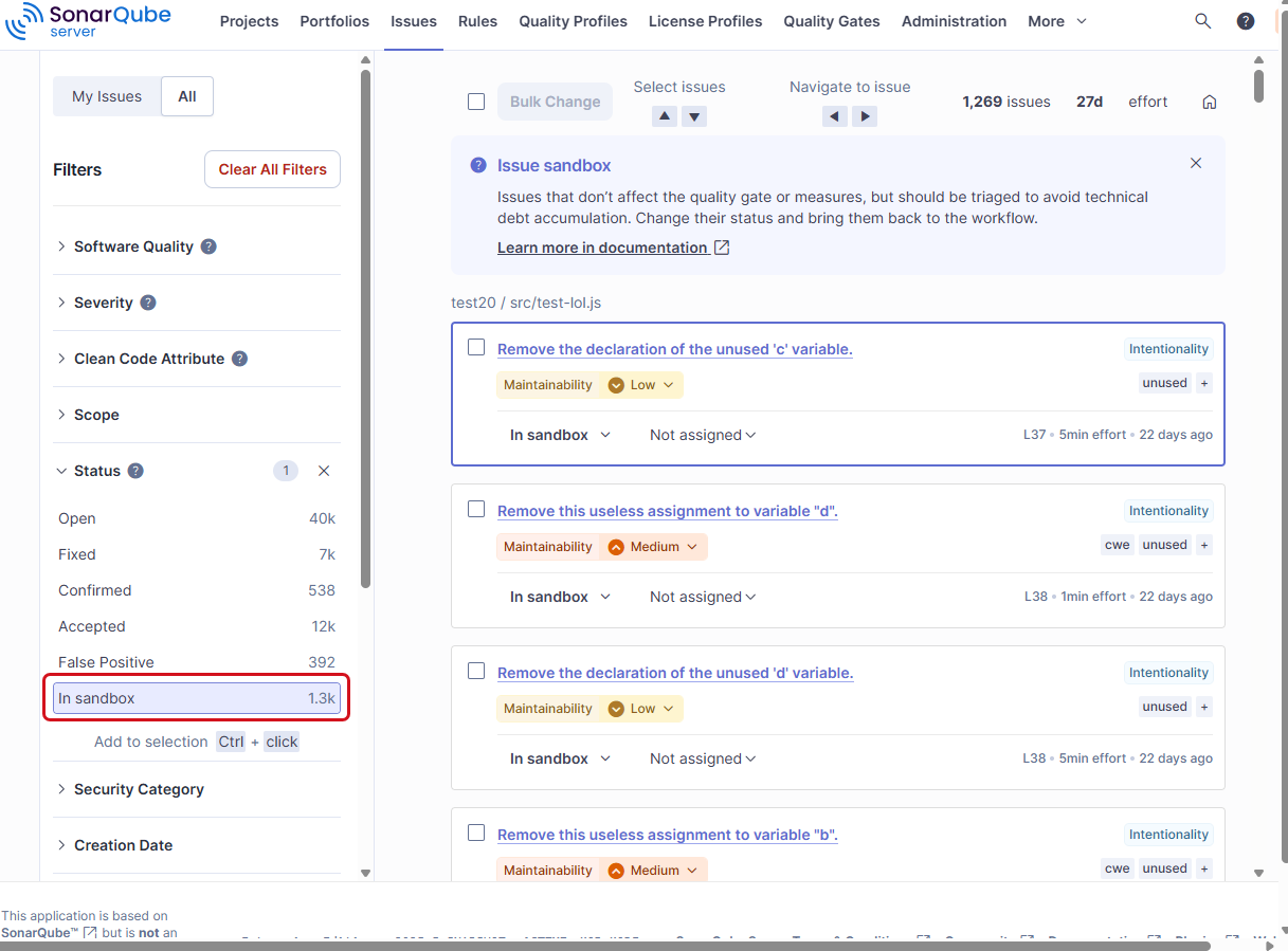 Issues page in SonarQube Server with In sandbox selected in the Status filter and sandboxed issues listed with the In sandbox status.