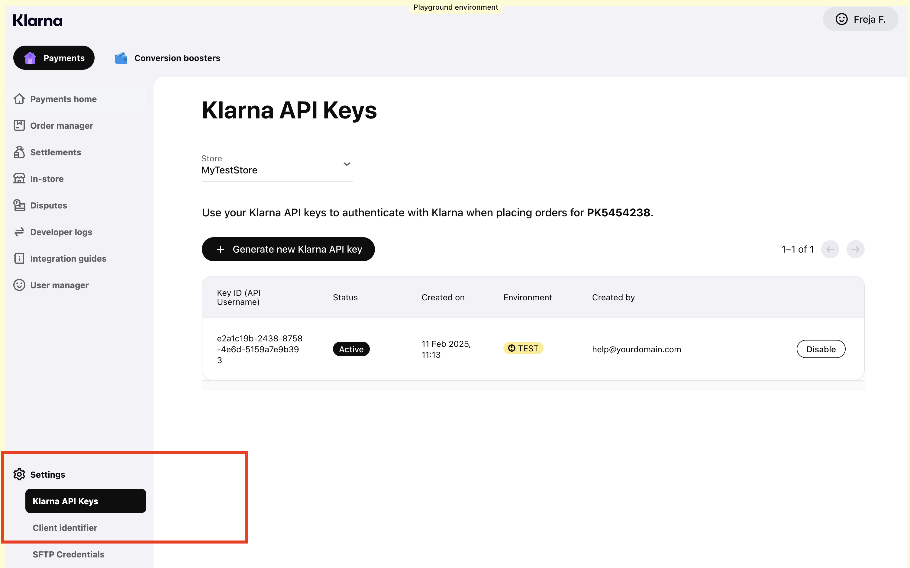 Klarna dashboard > Settings >  Klarna API keys