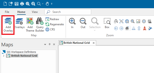 A screenshot showing the Cadcorp SIS Desktop UI highlighting Add Overlay button