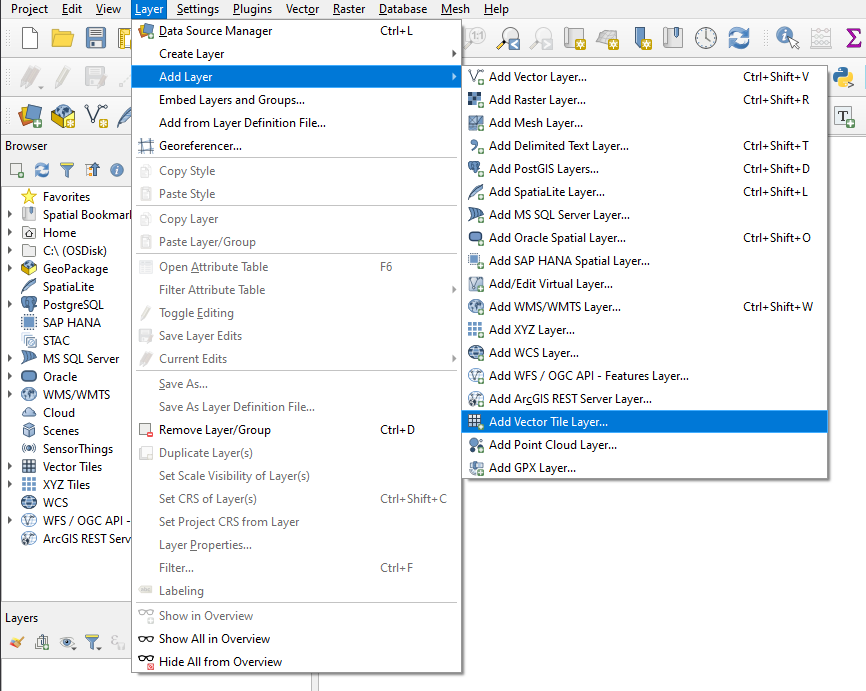 QGIS Add Vector Tile Layer option.