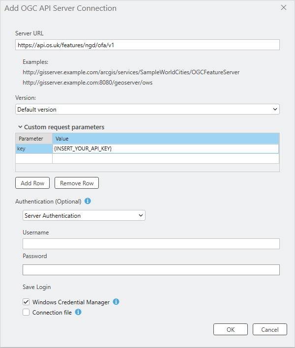 ESRI ArcGIS Pro Add OGC API Server Connection dialog displaying the OS NGD API – Features base URL and custom parameters added.
