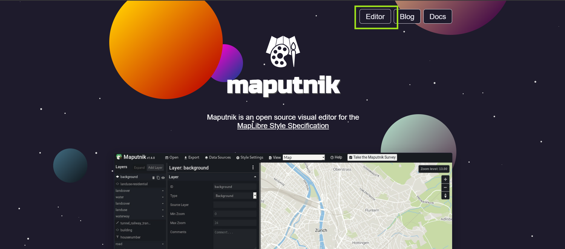 Maputnik UI with the Editor button highlighted.