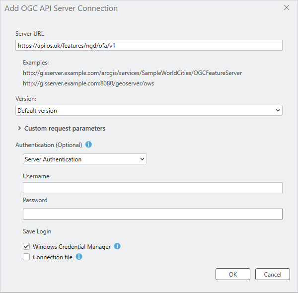 ESRI ArcGIS Pro Add OGC API Server Connection dialog displaying the OS NGD API – Features base URL.
