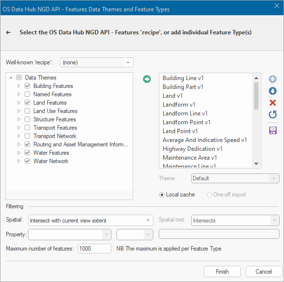 OS Data Hub NGD API – Features recipe shown in the Data Themes and Feature Types window with Building, Land, RAMI, Water Features and Water Network