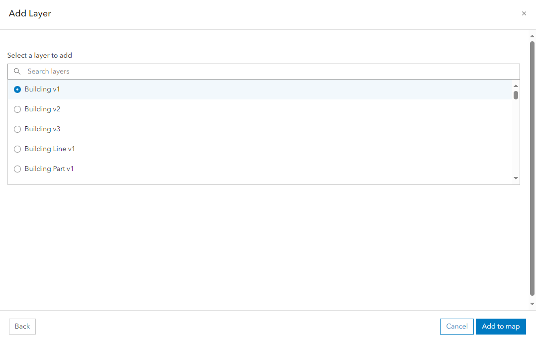 ArcGIS Online Add Layers dialog: Select a layer to add field.