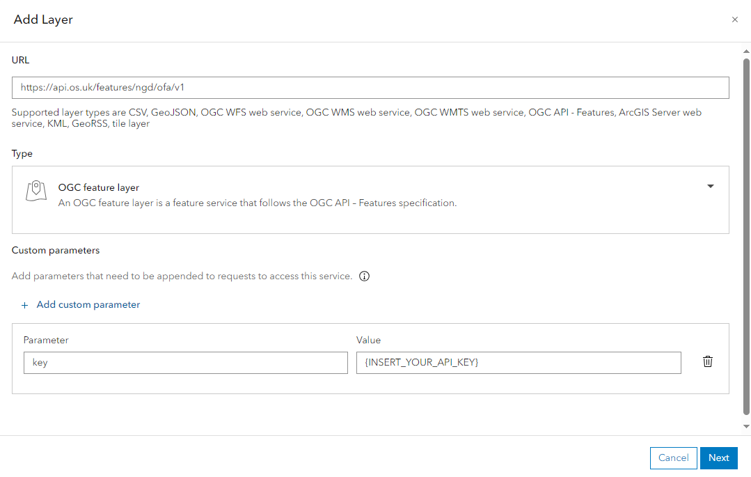 ESRI ArcGIS Pro Add OGC API Server Connection dialog with URL and custom request parameters set.