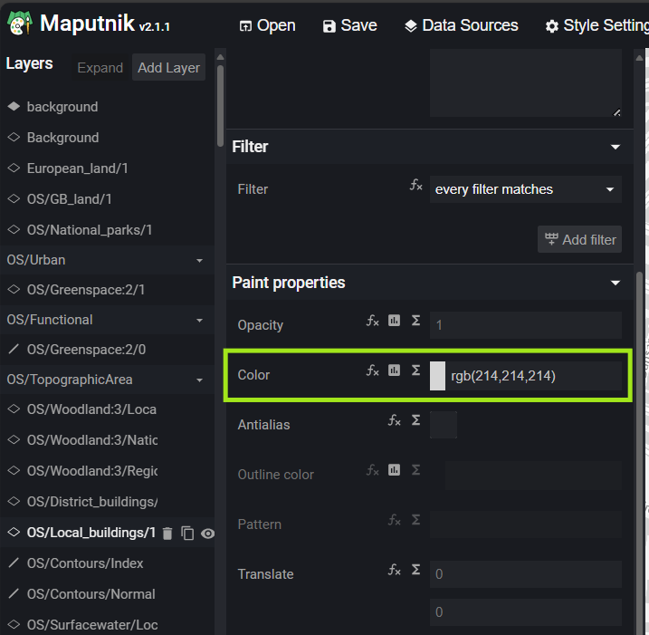 Map styling options available in the Maputnik UI, which can be found in Layers panel > Paint properties.