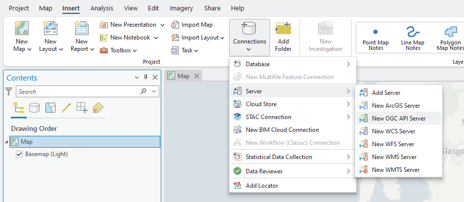 ESRI ArcGIS Pro UI showing how to add a new connection via Insert -> Connections -> Server -> New OGC API Server.