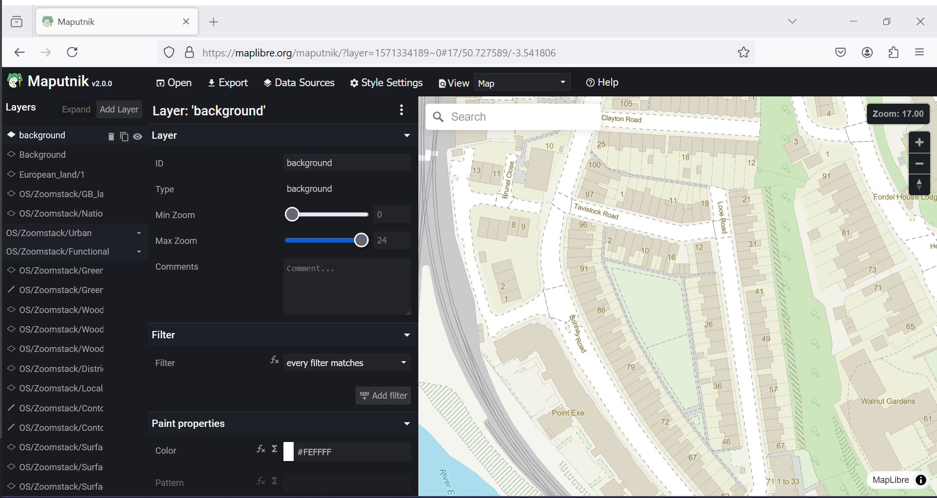 Maputnik UI with a map shown in the map view.
