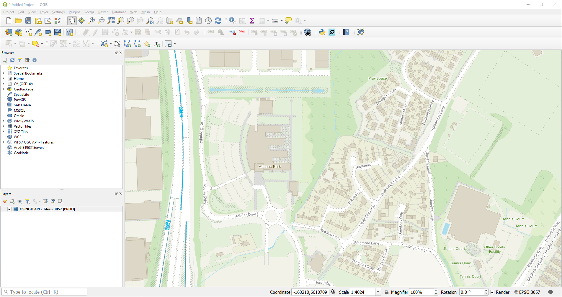 UI showing OS NGD API – Tiles data in the Layers panel and map area.