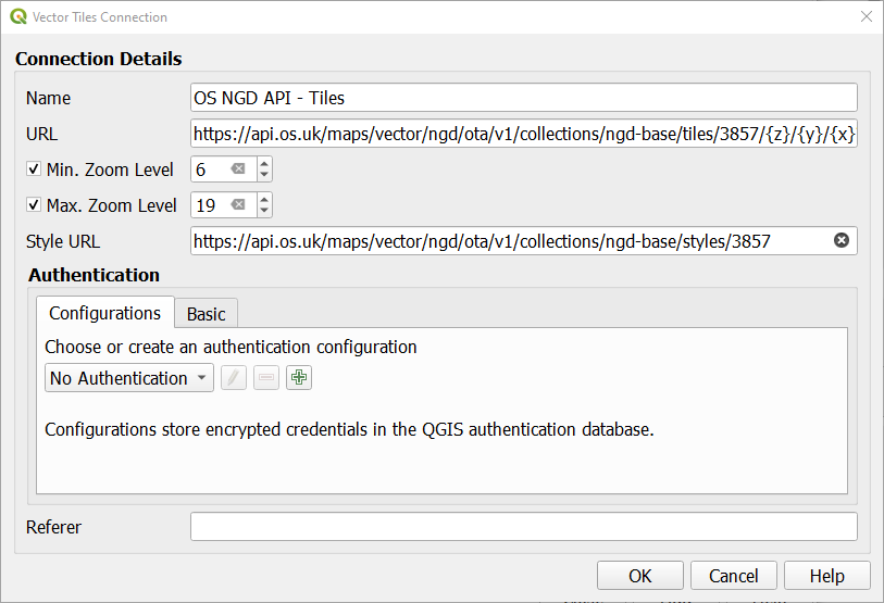 QGIS Vector Tiles Connection dialog.