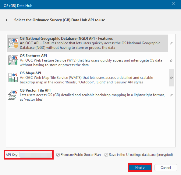 Cadcorp SIS Desktop OS (GB) Data Hub dialog with the Next button and API Key button highlighted.