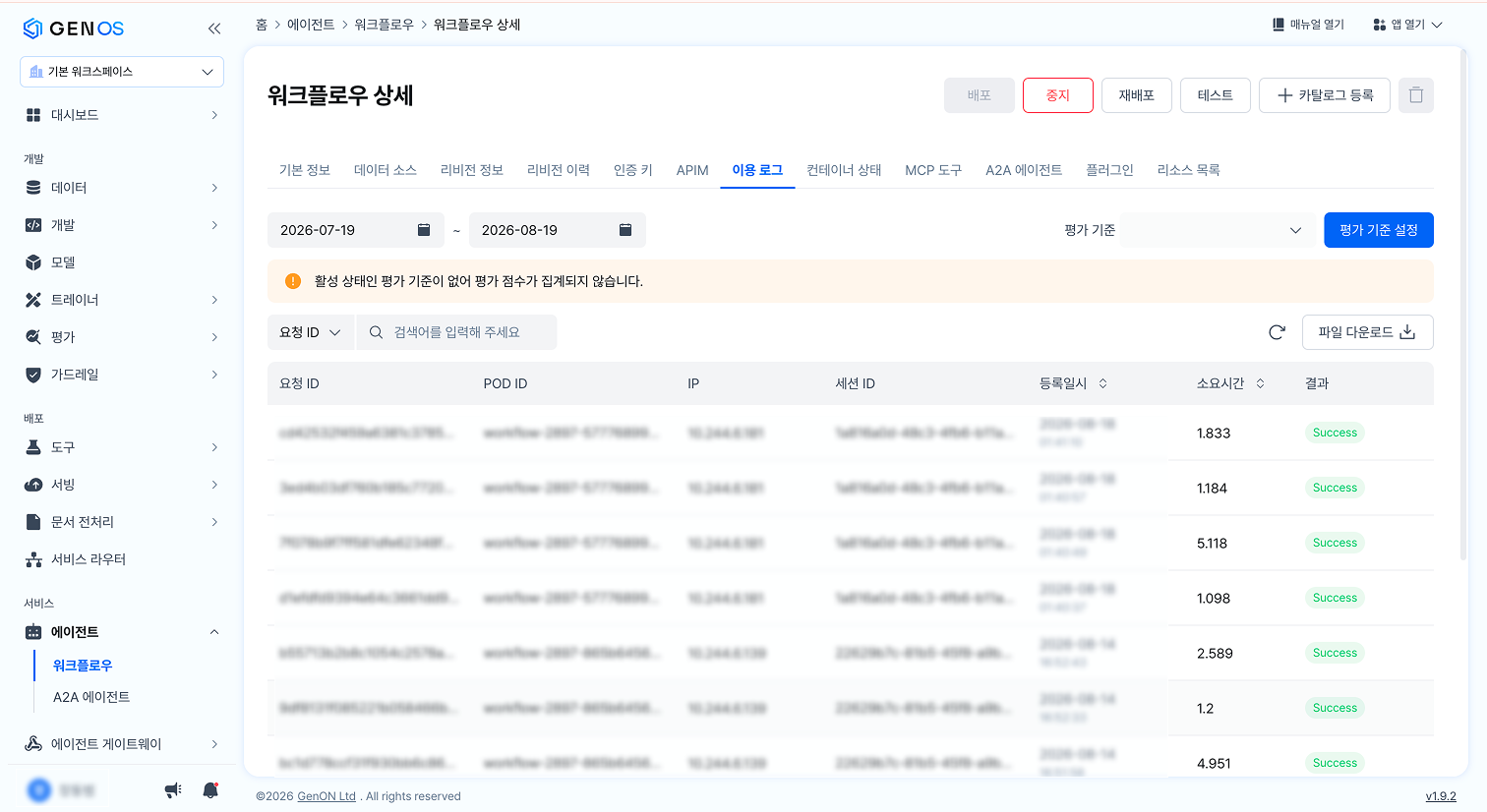이용 로그 탭 — 활성 평가 기준 0건일 때의 경고와 기본 컬럼