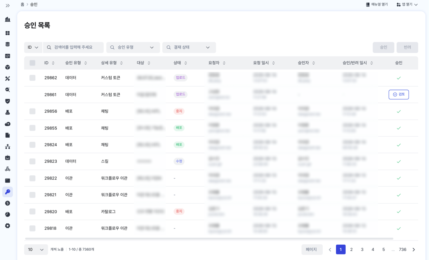 승인 목록과 커스텀 토큰 신청 이력 상세(검토) 모달